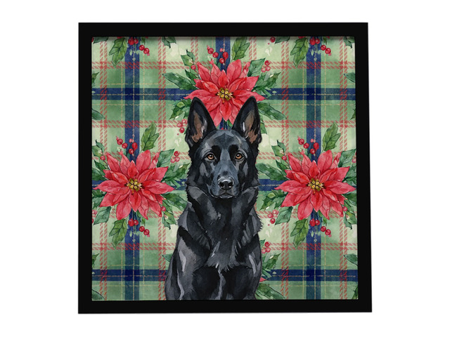 Black German Shepherd Christmas PoinsettIas Framed Metal Print Bathroom, Kitchen, Office, Home Decor Wall Art Ready to Hang, Square, 8X8