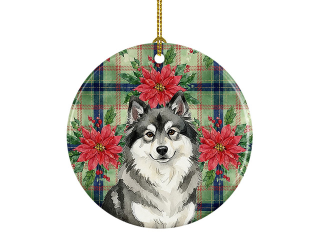 Keeshond Christmas PoinsettIas Ceramic Ornament Christmas Tree Hanging Decorations for Home Christmas Holiday, Party, Gift, 3 in, Multicolor