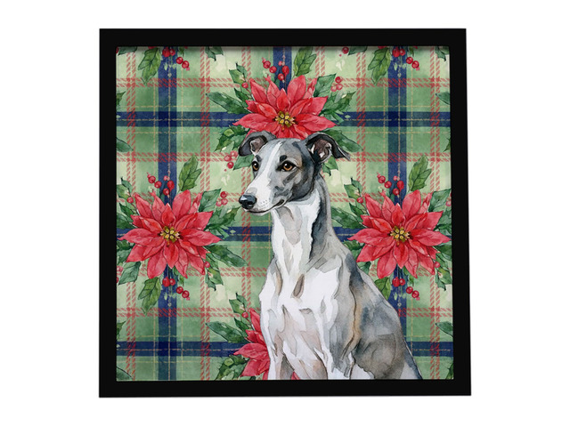 Black and White Greyhound Christmas PoinsettIas Framed Metal Print Bathroom, Kitchen, Office, Home Decor Wall Art Ready to Hang, Square, 8X8