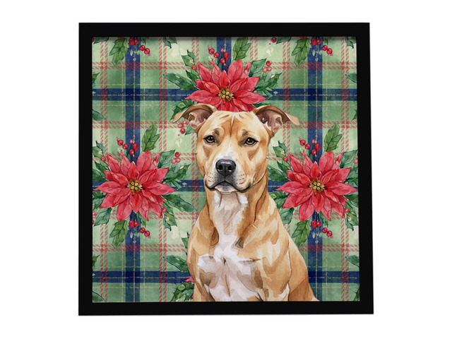 Fawn American Staffordshire Terrier Christmas PoinsettIas Framed Metal Print Bathroom, Kitchen, Office, Home Decor Wall Art Ready to Hang, Square, 8X8