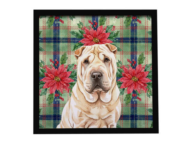Shar Pei Christmas PoinsettIas Framed Metal Print Bathroom, Kitchen, Office, Home Decor Wall Art Ready to Hang, Square, 8X8