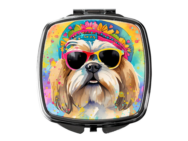 Shih Tzu Hippie Dawg Compact Mirror Decorative Travel Makeup Mirror for Women Girls Gifts Pocket Makeup Mirror Folding Handheld