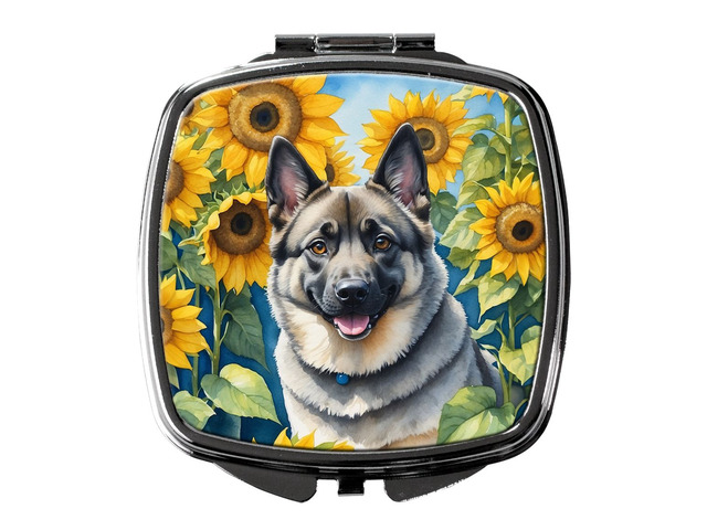 Norwegian Elkhound in Sunflowers Compact Mirror Decorative Travel Makeup Mirror for Women Girls Gifts Pocket Makeup Mirror Folding Handheld