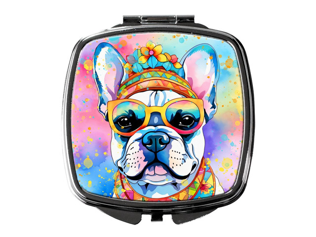 French Bulldog Hippie Dawg Compact Mirror Decorative Travel Makeup Mirror for Women Girls Gifts Pocket Makeup Mirror Folding Handheld