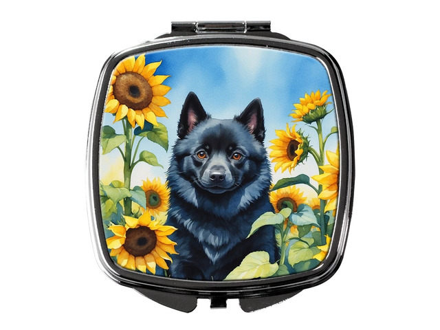 Schipperke in Sunflowers Compact Mirror Decorative Travel Makeup Mirror for Women Girls Gifts Pocket Makeup Mirror Folding Handheld