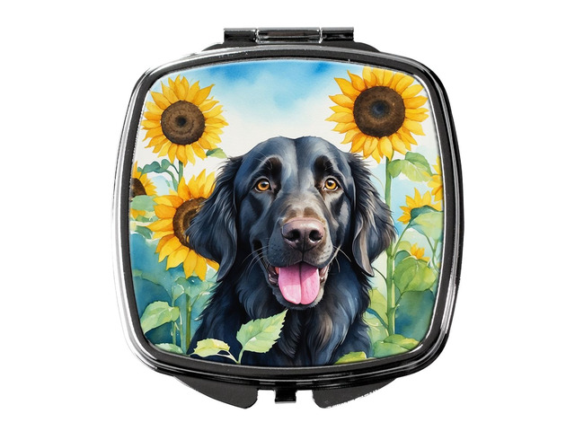 Flat-Coated Retriever in Sunflowers Compact Mirror Decorative Travel Makeup Mirror for Women Girls Gifts Pocket Makeup Mirror Folding Handheld