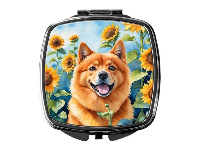Finnish Spitz in Sunflowers Compact Mirror Decorative Travel Makeup Mirror for Women Girls Gifts Pocket Makeup Mirror Folding Handheld