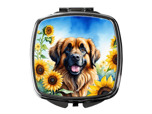 Leonberger in Sunflowers Compact Mirror Decorative Travel Makeup Mirror for Women Girls Gifts Pocket Makeup Mirror Folding Handheld