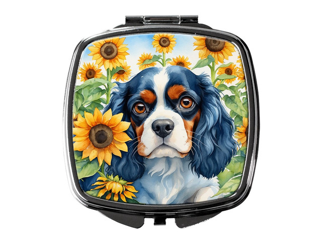 Cavalier Spaniel in Sunflowers Compact Mirror Decorative Travel Makeup Mirror for Women Girls Gifts Pocket Makeup Mirror Folding Handheld