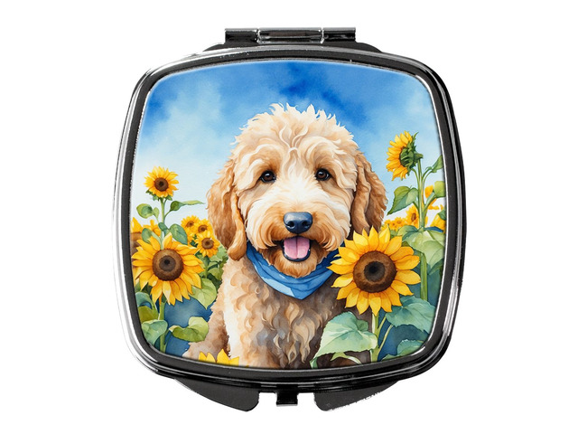 Goldendoodle in Sunflowers Compact Mirror Decorative Travel Makeup Mirror for Women Girls Gifts Pocket Makeup Mirror Folding Handheld