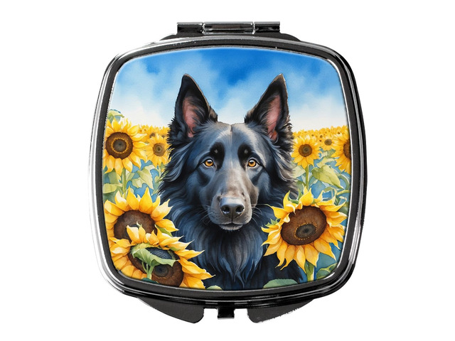 Belgian Sheepdog in Sunflowers Compact Mirror Decorative Travel Makeup Mirror for Women Girls Gifts Pocket Makeup Mirror Folding Handheld