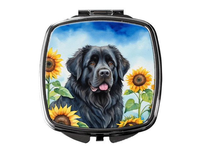 Newfoundland in Sunflowers Compact Mirror Decorative Travel Makeup Mirror for Women Girls Gifts Pocket Makeup Mirror Folding Handheld