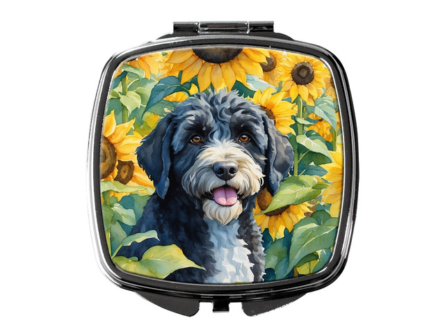 Portuguese Water Dog in Sunflowers Compact Mirror Decorative Travel Makeup Mirror for Women Girls Gifts Pocket Makeup Mirror Folding Handheld