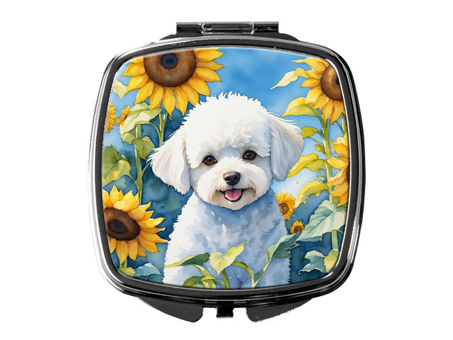 Bichon Frise in Sunflowers Compact Mirror Decorative Travel Makeup Mirror for Women Girls Gifts Pocket Makeup Mirror Folding Handheld