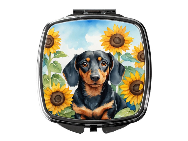 Dachshund in Sunflowers Compact Mirror Decorative Travel Makeup Mirror for Women Girls Gifts Pocket Makeup Mirror Folding Handheld