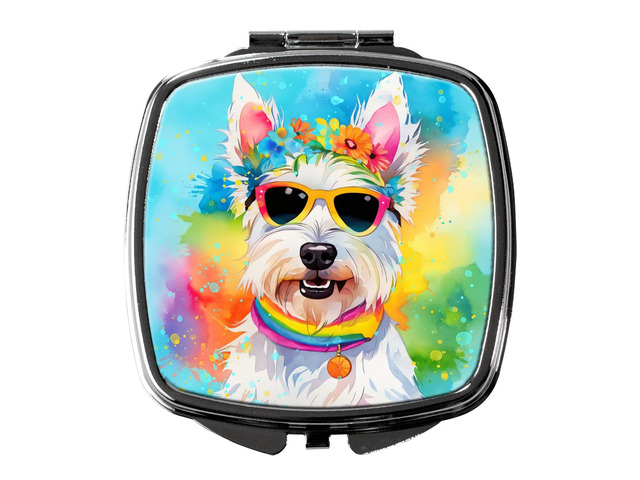 Westie Hippie Dawg Compact Mirror Decorative Travel Makeup Mirror for Women Girls Gifts Pocket Makeup Mirror Folding Handheld