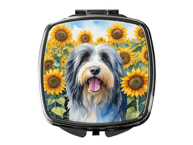 Bearded Collie in Sunflowers Compact Mirror Decorative Travel Makeup Mirror for Women Girls Gifts Pocket Makeup Mirror Folding Handheld
