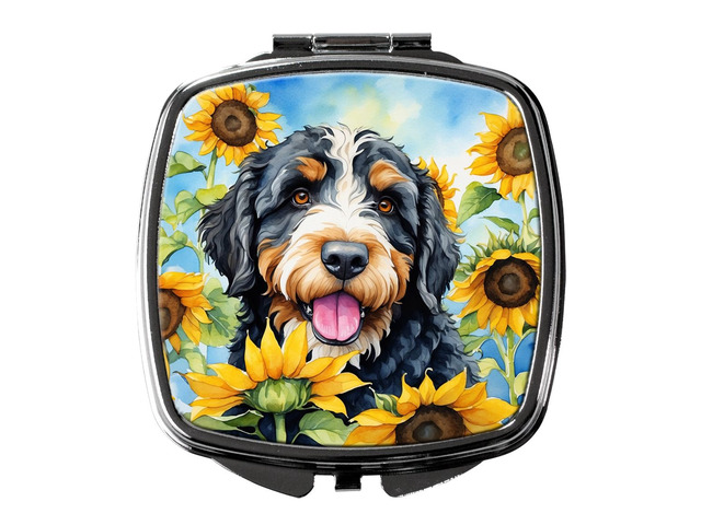 Bernedoodle in Sunflowers Compact Mirror Decorative Travel Makeup Mirror for Women Girls Gifts Pocket Makeup Mirror Folding Handheld