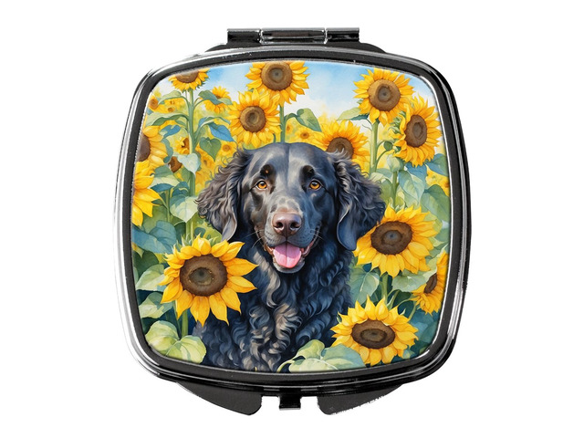 Curly-Coated Retriever in Sunflowers Compact Mirror Decorative Travel Makeup Mirror for Women Girls Gifts Pocket Makeup Mirror Folding Handheld