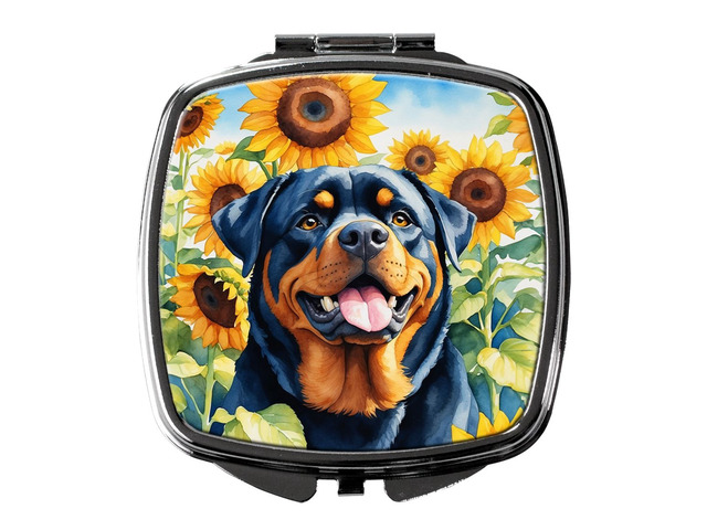 Rottweiler in Sunflowers Compact Mirror Decorative Travel Makeup Mirror for Women Girls Gifts Pocket Makeup Mirror Folding Handheld