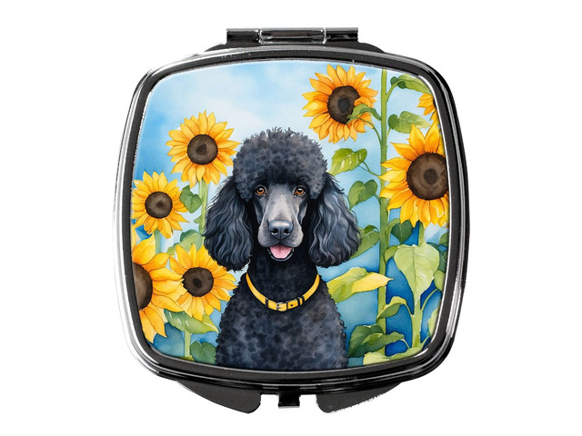 Black Poodle in Sunflowers Compact Mirror Decorative Travel Makeup Mirror for Women Girls Gifts Pocket Makeup Mirror Folding Handheld