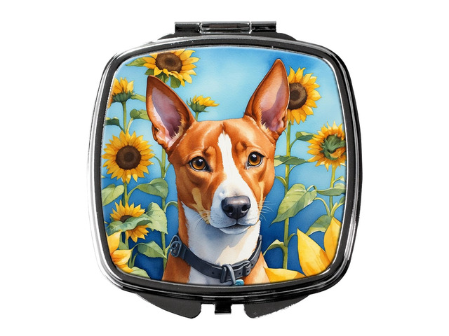 Basenji in Sunflowers Compact Mirror Decorative Travel Makeup Mirror for Women Girls Gifts Pocket Makeup Mirror Folding Handheld