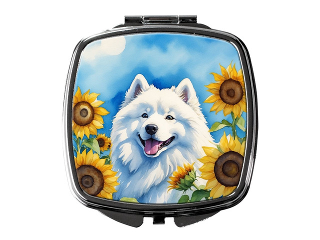 Samoyed in Sunflowers Compact Mirror Decorative Travel Makeup Mirror for Women Girls Gifts Pocket Makeup Mirror Folding Handheld