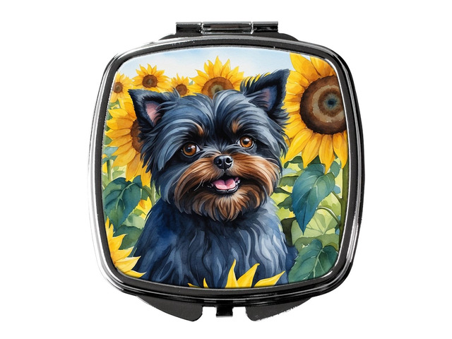 Affenpinscher in Sunflowers Compact Mirror Decorative Travel Makeup Mirror for Women Girls Gifts Pocket Makeup Mirror Folding Handheld