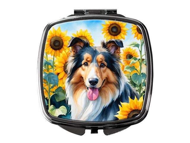 Collie in Sunflowers Compact Mirror Decorative Travel Makeup Mirror for Women Girls Gifts Pocket Makeup Mirror Folding Handheld