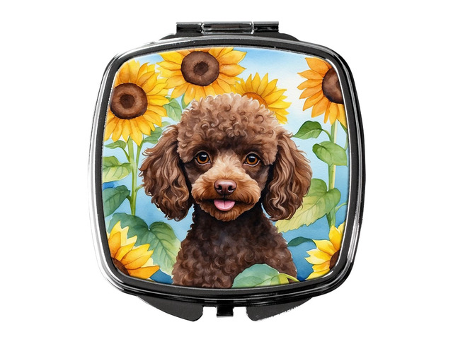 Chocolate Poodle in Sunflowers Compact Mirror Decorative Travel Makeup Mirror for Women Girls Gifts Pocket Makeup Mirror Folding Handheld