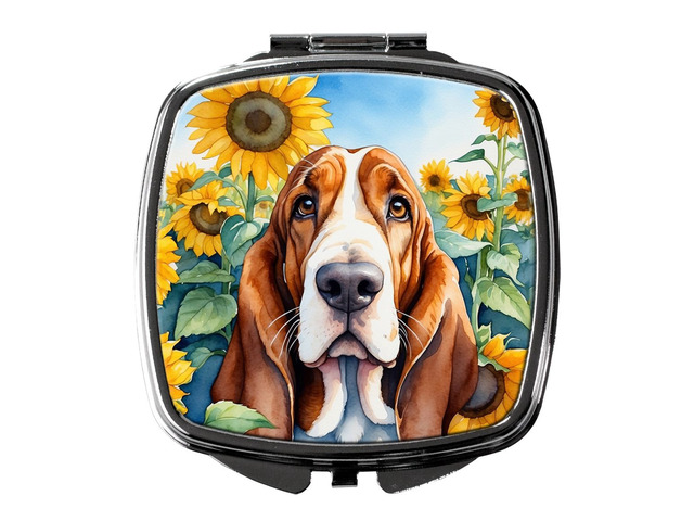 Basset Hound in Sunflowers Compact Mirror Decorative Travel Makeup Mirror for Women Girls Gifts Pocket Makeup Mirror Folding Handheld