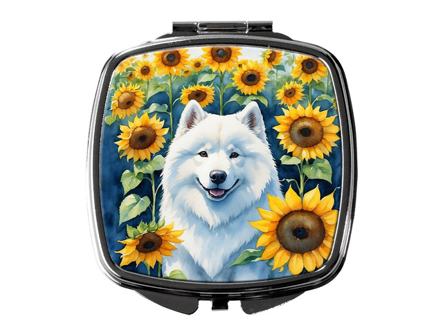 Samoyed in Sunflowers Compact Mirror Decorative Travel Makeup Mirror for Women Girls Gifts Pocket Makeup Mirror Folding Handheld
