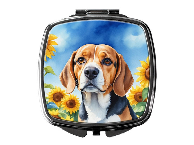 Beagle in Sunflowers Compact Mirror Decorative Travel Makeup Mirror for Women Girls Gifts Pocket Makeup Mirror Folding Handheld