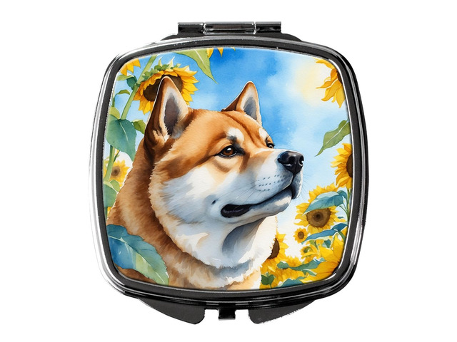 Akita in Sunflowers Compact Mirror Decorative Travel Makeup Mirror for Women Girls Gifts Pocket Makeup Mirror Folding Handheld