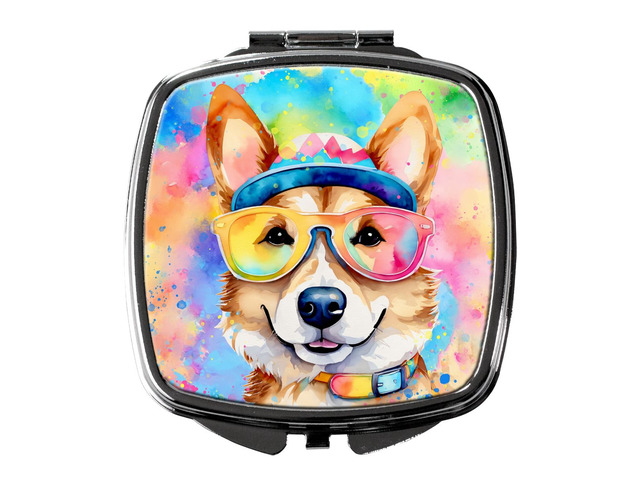Corgi Hippie Dawg Compact Mirror Decorative Travel Makeup Mirror for Women Girls Gifts Pocket Makeup Mirror Folding Handheld