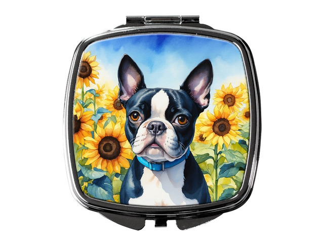 Boston Terrier in Sunflowers Compact Mirror Decorative Travel Makeup Mirror for Women Girls Gifts Pocket Makeup Mirror Folding Handheld