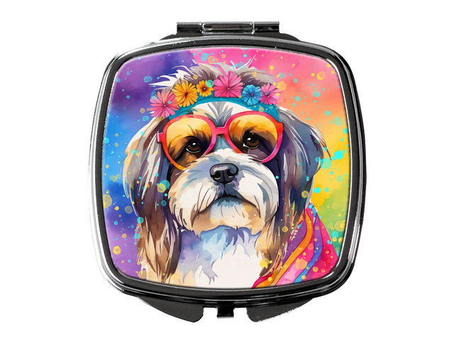 Shih Tzu Hippie Dawg Compact Mirror Decorative Travel Makeup Mirror for Women Girls Gifts Pocket Makeup Mirror Folding Handheld