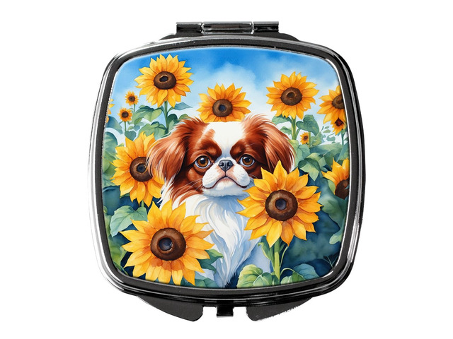 Japanese Chin in Sunflowers Compact Mirror Decorative Travel Makeup Mirror for Women Girls Gifts Pocket Makeup Mirror Folding Handheld
