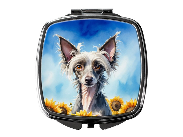 Chinese Crested in Sunflowers Compact Mirror Decorative Travel Makeup Mirror for Women Girls Gifts Pocket Makeup Mirror Folding Handheld