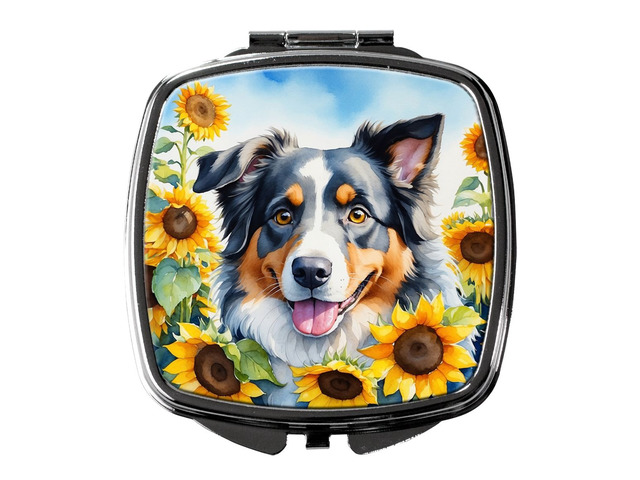 Australian Shepherd in Sunflowers Compact Mirror Decorative Travel Makeup Mirror for Women Girls Gifts Pocket Makeup Mirror Folding Handheld