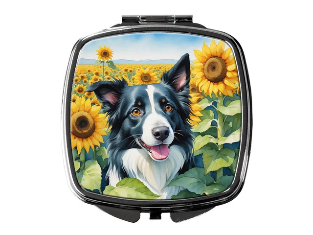 Border Collie in Sunflowers Compact Mirror Decorative Travel Makeup Mirror for Women Girls Gifts Pocket Makeup Mirror Folding Handheld