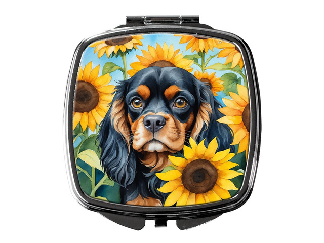 Cavalier Spaniel in Sunflowers Compact Mirror Decorative Travel Makeup Mirror for Women Girls Gifts Pocket Makeup Mirror Folding Handheld