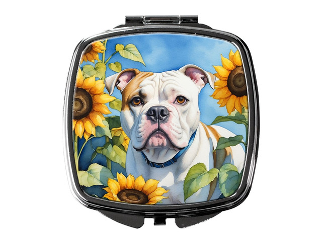 American Bulldog in Sunflowers Compact Mirror Decorative Travel Makeup Mirror for Women Girls Gifts Pocket Makeup Mirror Folding Handheld