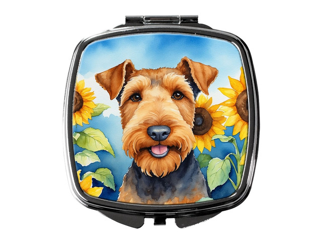 Airedale Terrier in Sunflowers Compact Mirror Decorative Travel Makeup Mirror for Women Girls Gifts Pocket Makeup Mirror Folding Handheld
