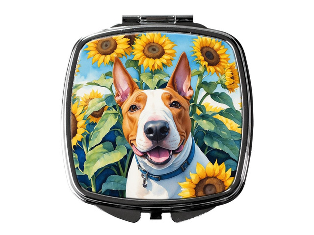 English Bull Terrier in Sunflowers Compact Mirror Decorative Travel Makeup Mirror for Women Girls Gifts Pocket Makeup Mirror Folding Handheld