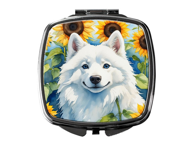 American Eskimo in Sunflowers Compact Mirror Decorative Travel Makeup Mirror for Women Girls Gifts Pocket Makeup Mirror Folding Handheld