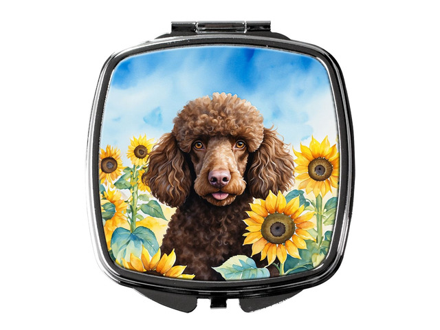 Chocolate Poodle in Sunflowers Compact Mirror Decorative Travel Makeup Mirror for Women Girls Gifts Pocket Makeup Mirror Folding Handheld