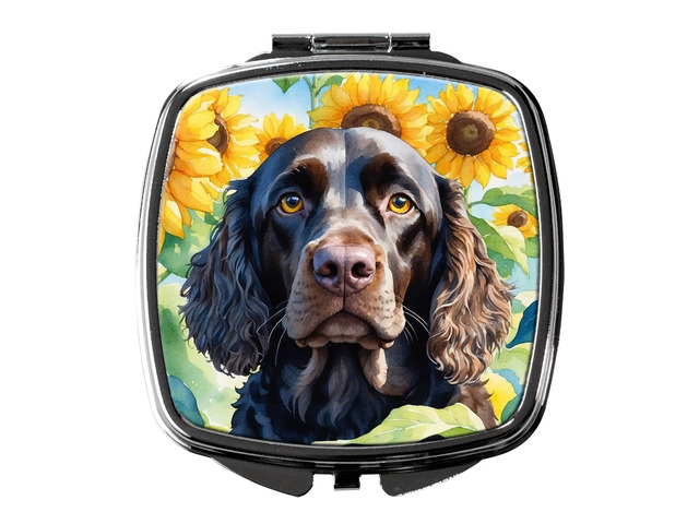 American Water Spaniel in Sunflowers Compact Mirror Decorative Travel Makeup Mirror for Women Girls Gifts Pocket Makeup Mirror Folding Handheld