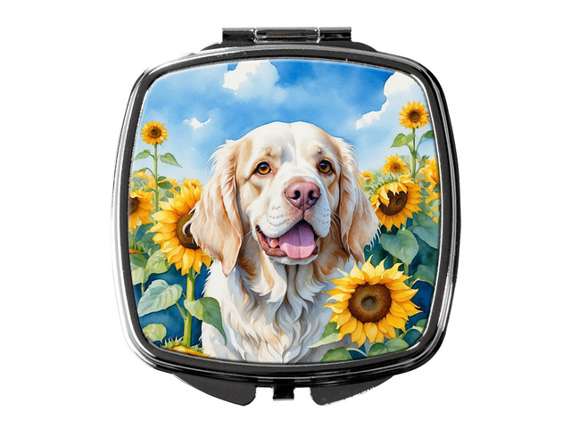 Clumber Spaniel in Sunflowers Compact Mirror Decorative Travel Makeup Mirror for Women Girls Gifts Pocket Makeup Mirror Folding Handheld
