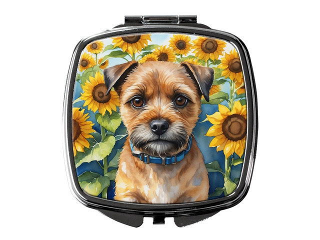 Border Terrier in Sunflowers Compact Mirror Decorative Travel Makeup Mirror for Women Girls Gifts Pocket Makeup Mirror Folding Handheld